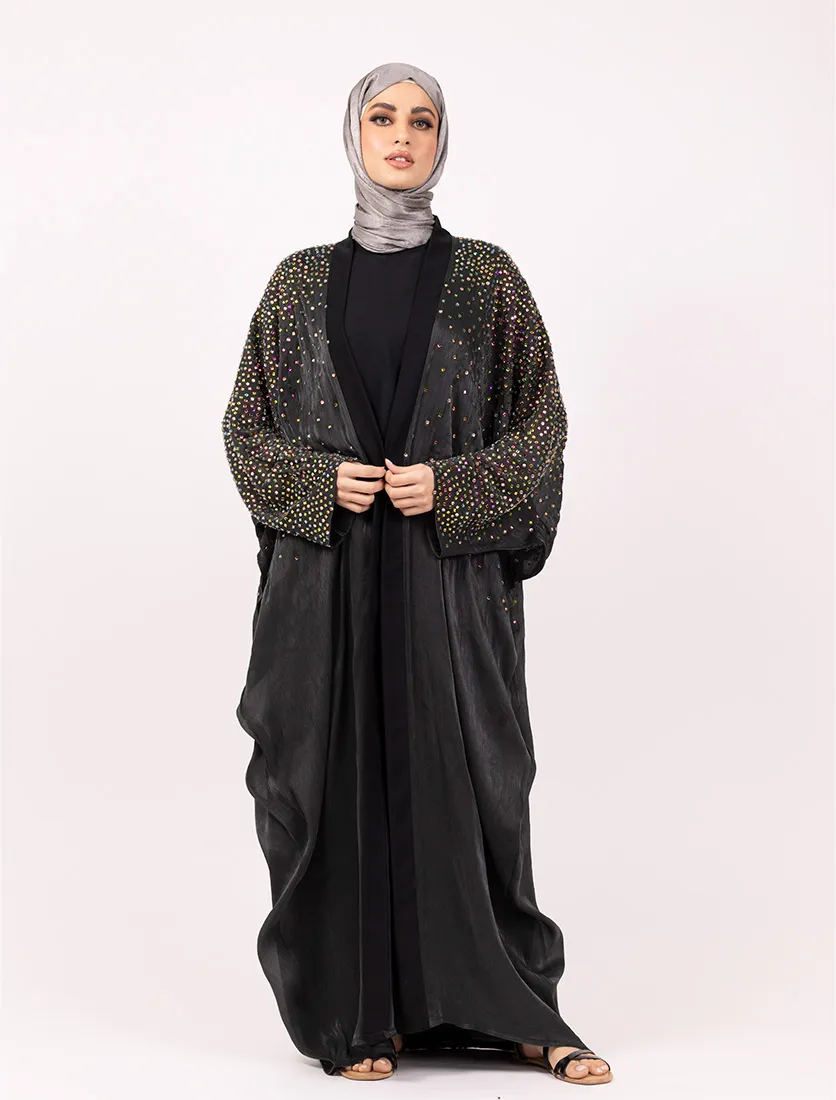 Black Multi Crystal Embellished Sheer Overlay Abaya